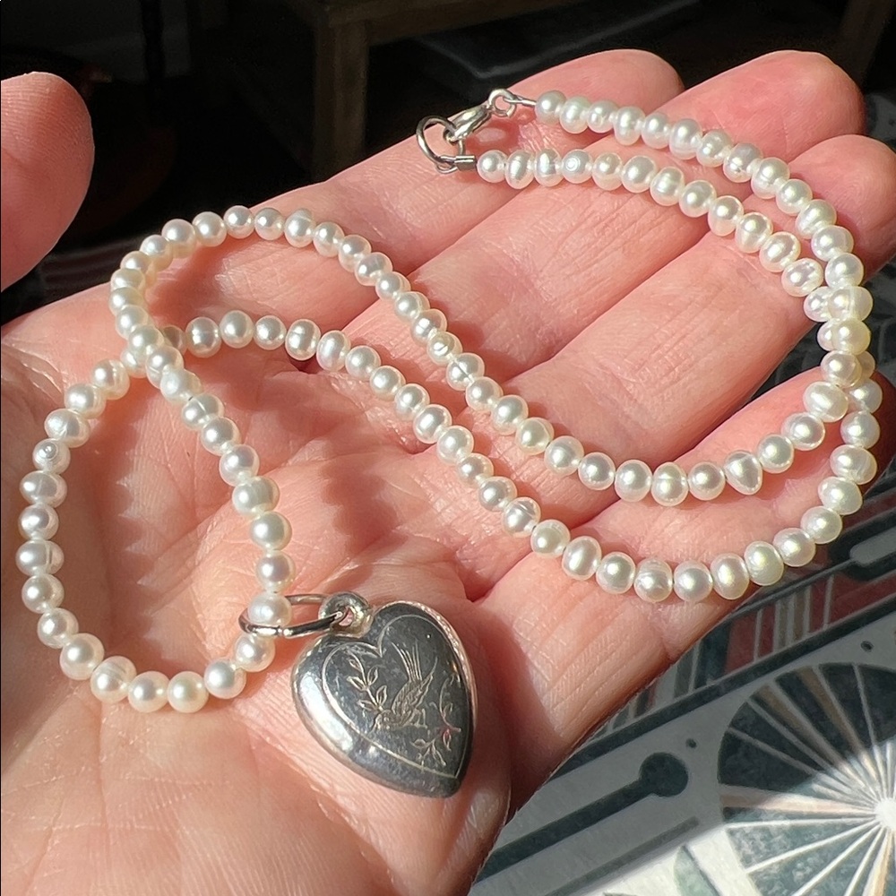 Antique Sterling Silver Engraved Bird Puffy Heart Pendant Genuine Pearl Necklace